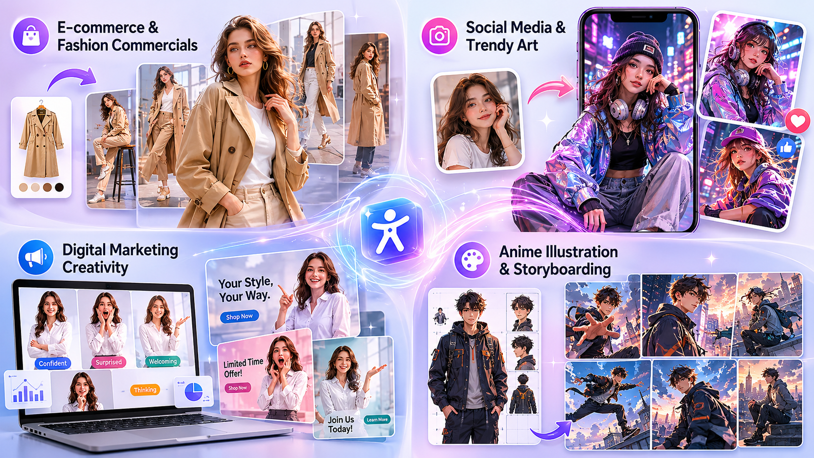 Сценарии использования ИИ-позы в e-commerce, соцсетях, маркетинге и storyboard манги